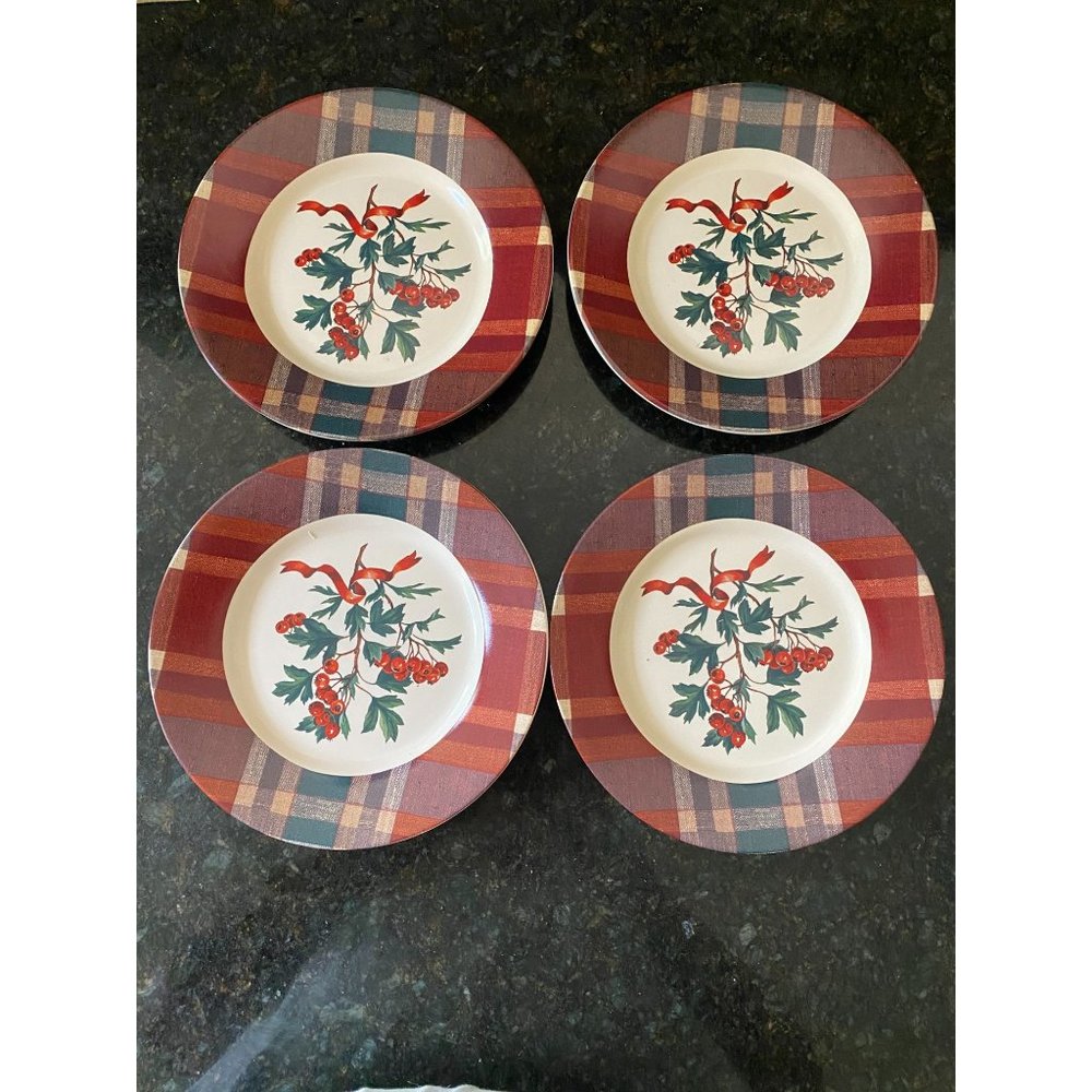 Plaid and Holly Berry 8" Appetizer Plates, Raymond Waites Cornucopia, (Qty. 4)